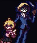  &gt;:) 1boy 1girl ahoge ayekakachan black_background black_footwear blonde_hair blue_outline blue_pants blue_suit bob_cut bow bowtie brown_eyes claws commentary cropped dark_background dyed_bangs eyes_visible_through_hair flipped_hair formal gloves green_eyes grey_skirt hair_between_eyes hair_ornament hairclip hand_on_another&#039;s_arm hand_on_another&#039;s_hip height_difference highres jacket katsuragi_yako long_sleeves majin_tantei_nougami_neuro medium_hair multicolored_hair nougami_neuro outline pants petite pink_sweater pixie_cut pleated_skirt pointing pointing_at_viewer red_outline shirt short_hair simple_background skirt smile standing suit suit_jacket sweater two-tone_hair v-shaped_eyebrows white_shirt 
