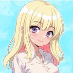 1girl blonde_hair blue_background blush closed_mouth collared_shirt colored_inner_hair commentary_request highres kagenori long_hair looking_at_viewer multicolored_hair original pink_hair portrait purple_eyes shirt smile solo white_shirt 