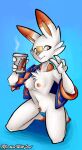  2019 anthro areola beverage biped breasts brown_markings buckteeth cheek_tuft chest_tuft clothing coffee dipstick_ears english_text facial_markings facial_tuft female front_view generation_8_pokemon genitals gesture green_eyes head_markings hi_res holding_beverage holding_object jacket kneeling looking_aside machinewithsoul markings mostly_nude multicolored_ears nintendo nipples pink_nose pokemon pokemon_(species) pubes pussy scorbunny simple_background small_breasts smile solo steam teeth text text_on_container toeless_(marking) topwear tuft v_sign white_body 