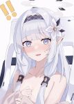  ! !! 1girl absurdres bare_shoulders blue_archive blue_eyes blush breasts cardigan collarbone commentary_request covering covering_breasts ear_piercing feza_chen_(ushaku) flower grey_hair hair_flower hair_ornament hair_tubes halo highres himari_(blue_archive) long_hair looking_at_viewer mole mole_under_eye nose_blush off_shoulder open_cardigan open_clothes open_mouth partial_commentary piercing pointy_ears small_breasts smile solo surprised sweatdrop topless upper_body very_long_hair wheelchair 