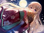  1girl bare_shoulders blonde_hair blush commentary_request cosplay covering_mouth floral_print flower folding_fan full_moon hair_between_eyes hair_flower hair_ornament hand_fan holding holding_fan japanese_clothes kimono long_hair long_sleeves looking_at_viewer moon night night_sky off_shoulder original petals pink_flower print_kimono purple_eyes red_kimono shirahana_(suimya) sky solo suimya very_long_hair white_flower wide_sleeves 