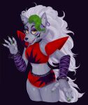  2021 animatronic bottomwear canid canine canis clothing crop_top ear_piercing female five_nights_at_freddy&#039;s five_nights_at_freddy&#039;s:_security_breach fur green_hair hair hi_res hotpants looking_at_viewer machine mammal midriff multicolored_hair piercing priska purple_body purple_fur robot roxanne_wolf_(fnaf) scottgames shirt shorts solo steel_wool_studios topwear two_tone_hair white_hair wolf wristband yellow_eyes 