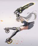  1girl a_san_san absurdres bare_shoulders black_dress chainsword closed_mouth dress from_behind grey_eyes grey_hair highres holding holding_sword holding_weapon huge_weapon long_hair mechanical_arms mechanical_legs nanami:_pulse_(punishing:_gray_raven) nanami_(punishing:_gray_raven) no_panties ponytail punishing:_gray_raven sidelocks skates solo sword very_long_hair weapon 