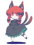  1girl animal_ears black_bow black_dress black_ribbon bow braid cat_ears chahan_(fried_rice0614) commentary dress footwear_bow full_body hair_bow highres kaenbyou_rin leg_ribbon looking_at_viewer medium_hair nekomata red_eyes red_hair ribbon side_braids simple_background solo standing standing_on_one_leg touhou twin_braids white_background 