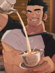  1boy abs bara beard_stubble black_hair cropped_shirt highres huge_eyebrows impetuss large_pectorals long_sideburns lucas_lee male_focus muscular muscular_male pectorals pouring raised_eyebrow scott_pilgrim_takes_off seductive_smile shirt short_hair short_sleeves sideburns smile smirk solo t-shirt tight_clothes tight_shirt underpec upper_body 