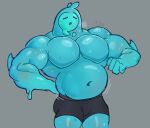  1:1 belly blue_body breath clothing epic_games eyes_closed fortnite goo_creature grey_background hands_on_hips hi_res humanoid its_coldpizza looking_pleasured male multi_colored_body musclegut muscular navel pecs relaxed_expression relaxing rippley_(fortnite) signature simple_background slight_bulge slime solo top_heavy underwear wobbling 