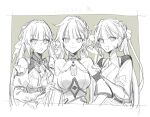  3girls :d :o bare_shoulders border breasts character_name china_dress chinese_clothes cleavage cleavage_cutout closed_mouth clothing_cutout dress hair_ornament honkai:_star_rail honkai_(series) honkai_impact_3rd li_sushang li_sushang_(jade_knight) long_hair looking_at_viewer monochrome multiple_girls multiple_persona open_mouth protected_link smile sushang_(honkai:_star_rail) tamaya_yoi twintails unfinished upper_body very_long_hair white_border 