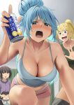  4girls alcohol aqua_(konosuba) beer_can blush breasts camisole can cleavage collarbone contemporary covering_another&#039;s_eyes crop_top darkness_(konosuba) drunk grey_camisole hair_bun highres holding holding_can indoors izawa_(bhive003) jitome komekko kono_subarashii_sekai_ni_shukufuku_wo! large_breasts long_hair looking_at_another looking_at_viewer megumin multiple_girls navel nose_blush pink_shorts ponytail pov shorts single_hair_bun strong_zero very_long_hair 