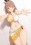  1girl absurdres atelier_(series) atelier_ryza bare_shoulders bikini black_ribbon blush breasts brown_eyes brown_hair cleavage collarbone hair_ribbon highres jilu large_breasts looking_at_viewer lying navel on_back open_mouth outstretched_arms reisalin_stout ribbon short_hair smile solo swimsuit thighs yellow_bikini 