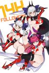  3girls animal_ears armor ass bikini_armor blue_eyes bow breasts carmilla_(fate) cat_ears cosplay elizabeth_bathory_(brave)_(fate) elizabeth_bathory_(brave)_(fate)_(cosplay) elizabeth_bathory_(fate) fate/grand_order fate_(series) hair_bow high_heels highres horns looking_at_viewer monkey_jon multiple_girls multiple_persona pink_hair shield shoulder_armor sword weapon yellow_eyes 