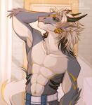  abs anthro arm_tuft black_sclera blue_eyes clothed clothing dragon elbow_tuft fur hi_res horn looking_at_viewer male multicolored_body muscular muscular_anthro pecs pose rinlinart solo tail tail_motion topless topless_anthro topless_male tuft white_body white_fur 
