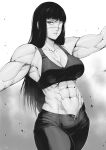  1girl abs absurdres biceps breasts cleavage collarbone commentary cowboy_shot english_commentary eyepatch greyscale highres jormungand large_breasts long_hair looking_at_viewer medical_eyepatch midriff monochrome muscular muscular_female navel outstretched_arms pants parted_lips sofia_valmer solo speedl00ver sports_bra spread_arms stomach thick_thighs thighs 