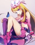  1girl blonde_hair bow braid bug butterfly crop_top cure_butterfly earrings french_braid hair_bow highres hijiri_ageha hirogaru_sky!_precure jewelry long_hair looking_at_viewer magical_girl midriff pantyhose parted_lips precure purple_eyes purple_pantyhose single_leg_pantyhose sitting skirt smile solo very_long_hair yuzu_sato 