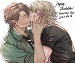  2boys barnaby_brooks_jr. black_shirt blonde_hair brown_hair closed_eyes collared_shirt dated facial_hair goatee green_shirt hand_on_another&#039;s_face happy_birthday kaburagi_t._kotetsu kiss male_focus multiple_boys shirt short_hair short_sleeves smile tiger_&amp;_bunny toned toned_male white_background yaoi yugumotwst 