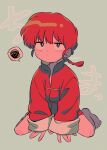 1girl angry artist_name barefoot blue_eyes blush_stickers braid braided_ponytail highres menma_(enaic31) ranma-chan ranma_1/2 red_hair simple_background solo twitter_username 