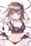  1girl :p azumi_kazuki black_bow black_choker black_panties black_wings blush bow breasts brown_hair candy cat_ear_panties choker claw_pose cleavage closed_mouth collarbone commentary demon_girl demon_horns demon_tail demon_wings food frilled_choker frills gradient_background hair_between_eyes hair_bow hair_intakes hair_ornament hairclip hands_up heart heart-shaped_pupils heart_lollipop highres horns lollipop long_hair low_wings medium_breasts nail_polish navel orange_eyes original panties pink_background pink_nails shaped_lollipop smile solo symbol-shaped_pupils tail tongue tongue_out two_side_up underwear white_background wings wrist_cuffs x_hair_ornament 
