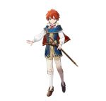  1boy aged_down blue_eyes brown_footwear capelet eliwood_(fire_emblem) fire_emblem fire_emblem:_the_blazing_blade fire_emblem_heroes holding holding_sword holding_weapon looking_at_viewer neck_ribbon official_alternate_costume official_art red_capelet red_hair red_ribbon ribbon sheath smile solo sword weapon 