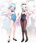  2girls :d alternate_costume arona_(blue_archive) bare_legs bare_shoulders black_hairband black_leotard blue_archive blue_eyes blue_hair blue_leotard blush braid breasts covered_navel detached_collar expressionless full_body hair_over_one_eye hair_ribbon hairband halo hand_up hands_up happy heart high_heels highres holding holding_tray knees_together_feet_apart legs legs_apart leotard long_hair looking_at_viewer medium_hair multicolored_hair multiple_girls pantyhose pink_hair plana_(blue_archive) rabbit_tail ribbon single_braid skin_tight small_breasts smile somray standing staring tail thighs tray two-tone_hair very_long_hair white_hair white_hairband white_ribbon wrist_cuffs 