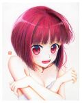  1girl arima_kana artist_name bare_shoulders blunt_bangs blunt_ends blush bob_cut border bra breasts cleavage close-up collarbone colored_pencil_(medium) commentary covering crossed_arms curled_fingers embarrassed hair_strand inverted_bob looking_at_viewer open_mouth oshi_no_ko red_eyes red_hair short_hair signature simple_background small_breasts solo surprised traditional_media underwear upper_body white_background white_border white_bra y_takeshinu_wan 