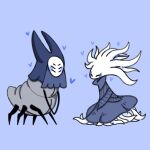  1girl ^_^ blue_background blue_cloak blue_theme blush blush_stickers bug cloak closed_eyes colored_skin commentary extra_eyes facing_another happy heart herrah_(hollow_knight) hollow_knight long_hair monster_girl own_hands_together plant_girl sakana_2-gou simple_background white_hair white_lady_(hollow_knight) white_skin yuri 