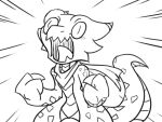  anthro claws coal_(rakkuguy) ear_piercing ear_ring female fist kobold monochrome narrowed_eyes piercing rakkuguy ring_piercing scales scalie scarf screaming simple_background solo standing tongue white_background 