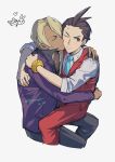  2boys absurdres ace_attorney antenna_hair apollo_justice aqua_necktie black_pants black_shirt blonde_hair blush brown_eyes brown_hair closed_eyes closed_mouth cropped_legs dark-skinned_male dark_skin dated drill_hair hand_on_another&#039;s_shoulder heart highres hug jacket kaeru_(qingwali) klavier_gavin lapel_pin lapels long_sleeves male_focus medium_hair multiple_boys necktie one_eye_closed open_collar pants popped_collar purple_jacket red_pants red_suit red_vest shirt simple_background sitting sitting_on_lap sitting_on_person sleeves_rolled_up smile suit sweat swept_bangs twitter_username vest white_background white_shirt yaoi 