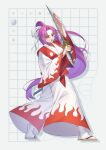  1girl absurdres character_name full_body guumin hair_ribbon highres holding holding_sword holding_weapon japanese_clothes katana long_hair long_sleeves meira_(touhou) open_mouth ponytail purple_eyes purple_hair ribbon socks solo sword tabi touhou touhou_(pc-98) very_long_hair weapon white_ribbon white_socks wide_sleeves 