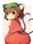  1girl :3 animal_ear_fluff animal_ear_piercing animal_ears ass bloom blush brown_eyes brown_hair cat_ears cat_tail chen commentary_request earrings fang fang_out frills from_behind gold_trim green_headwear hat highres jewelry koruk700 looking_at_viewer looking_back mob_cap multiple_tails nekomata petticoat red_skirt red_vest short_hair simple_background single_earring sitting skirt skirt_set solo tail touhou two_tails vest white_background 