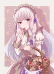  1girl apron basket commentary_request cookie dress fire_emblem fire_emblem:_three_houses fire_emblem_heroes food grey_apron grey_hair hair_ribbon hand_up highres holding holding_food juliet_sleeves long_hair long_sleeves looking_at_viewer lysithea_von_ordelia maid_headdress official_alternate_costume puffy_sleeves purple_eyes purple_ribbon ribbon solo upper_body very_long_hair white_dress yutohiroya 