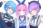  3girls blue_eyes blue_hair blunt_bangs colored_inner_hair demon_girl ear_piercing gradient_hair green_eyes hair_between_eyes hair_ornament highres hololive hoshimachi_suisei hoshimachi_suisei_(3rd_costume) minato_aqua minato_aqua_(5th_costume) multicolored_hair multiple_girls nolc open_mouth piercing pink_hair purple_eyes purple_hair short_hair smile star_(symbol) star_in_eye startend_(hololive) streaked_hair swept_bangs symbol_in_eye teeth tokoyami_towa tokoyami_towa_(3rd_costume) virtual_youtuber white_background x_hair_ornament 