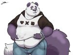  anthro bear belly belt black_nose bottomwear bulge clock clothed clothing denim denim_bottomwear denim_clothing dipstick_tail fingers fur giant_panda jeans lakalando love_death_+_robots male mammal markings multicolored_body multicolored_fur navel netflix overweight overweight_anthro overweight_male pants shirt simple_background solo tail tail_markings topwear watch white_background 