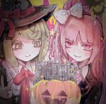  2girls :q blush_stickers bow bowtie brown_headwear building collared_shirt danganronpa_(series) danganronpa_another_episode:_ultra_despair_girls food green_eyes green_hair grey_bow grin hair_bow hairband hat highres holding holding_food holding_pumpkin holding_vegetable long_hair looking_at_another multiple_girls naruse_(nal1525) pink_eyes pink_hairband pink_horns pumpkin red_bow red_bowtie shirt short_hair smile teeth tongue tongue_out towa_monaca utsugi_kotoko vegetable white_shirt witch_hat 