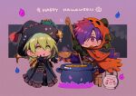  1boy 1girl :o black_dress black_headwear blush_stickers byleth_(female)_(fire_emblem) byleth_(fire_emblem) cape cauldron chibi closed_mouth commentary_request dress english_text enlightened_byleth_(female) fire fire_emblem fire_emblem:_three_houses fire_emblem_warriors:_three_hopes green_eyes green_hair hair_between_eyes hair_over_one_eye halloween halloween_costume happy_halloween hat hood hood_up hooded_cape long_hair nzmnnkk one_eye_covered orange_cape purple_eyes purple_fire purple_hair shez_(fire_emblem) shez_(male)_(fire_emblem) short_hair witch witch_hat 