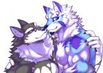  anthro biceps black_and_white_fur blue_and_white_fur blue_eyes canid canine canis domestic_dog duo green_eyes husky lifewonders live_a_hero male male/male mammal monomasa muscular muscular_anthro muscular_male nipples nordic_sled_dog nose_to_nose pecs red_sclera sadayoshi sakuhuu shirtless spitz 