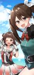  1girl absurdres antenna_hair blue_sky bow bowtie brown_eyes brown_hair buttons cloud cowboy_shot day double-breasted double_bun gloves green_jacket hair_between_eyes hair_bun hair_ribbon highres horizon jacket kantai_collection katsuobushi_(eba_games) long_hair looking_at_viewer military_jacket military_uniform naka_(kancolle) naka_kai_ni_(kancolle) ocean orange_shirt outdoors pelvic_curtain puffy_sleeves red_bow red_bowtie ribbon school_uniform serafuku shirt short_sleeves sky solo tone_(kancolle) tone_kai_ni_(kancolle) twintails two-tone_shirt uniform white_gloves white_ribbon 
