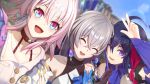  3girls :d ^_^ absurdres ahoge arm_up bare_shoulders black_choker blue_eyes blue_scarf blurry blush bokeh bronya_rand check_commentary choker closed_eyes collarbone commentary_request depth_of_field earrings grey_hair hand_on_another&#039;s_arm hand_on_another&#039;s_shoulder highres honkai:_star_rail honkai_(series) huge_ahoge jewelry maone march_7th_(honkai:_star_rail) multiple_girls one_eye_closed open_mouth pink_eyes pink_hair purple_eyes purple_hair scarf seele_(honkai:_star_rail) selfie shirt single_earring smile two-tone_eyes w white_shirt 