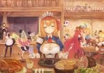  6+girls ahoge anger_vein animal_ears apron ascot basket black_hair blonde_hair blush bow bread_bun breasts brown_hair carrot cat_ears cat_girl character_request chest_strap chicken_(food) cleavage cleo_(dragalia_lost) closed_eyes collared_shirt commentary cup detached_sleeves dragalia_lost eating elbow_gloves elisanne fairy fairy_wings fingerless_gloves food fork gloves green_eyes hair_bow heart holding holding_fork holding_tray horns indoors kokkoro_(princess_connect!) lantern large_breasts long_hair maid_headdress meat minigirl multiple_girls mym_(dragalia_lost) neck_ribbon nose_blush notte_(dragalia_lost) onigiri open_mouth orange_hair pecorine_(princess_connect!) pink_hair plate pointy_ears ponytail princess_connect! puffy_short_sleeves puffy_sleeves purple_hair red_eyes red_hair restaurant ribbon salad shadow2810 shirt short_hair short_sleeves sitting sleeveless sleeveless_shirt smile socks solo_focus speech_bubble spoken_heart steak table tavern thighhighs tiara tray tripping twintails underbust very_long_hair waitress white_hair wings wrist_cuffs 