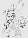  2023 anthro big_butt black_eyes blush blush_lines breasts butt chikkibug chubby_female clothed clothing digital_drawing_(artwork) digital_media_(artwork) dress duo female hair hat headgear headwear humanoid humanoid_pointy_ears jhin_(lol) league_of_legends legwear long_hair lulu_(lol) male male/female mammal mask monochrome not_furry petting petting_head riot_games simple_background small_breasts small_waist smile solo standing stockings surprise text thick_thighs wide_hips witch_hat yordle 