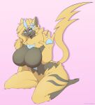  absurd_res accessory anthro aurora_(nbanoob) big_breasts bikini blue_eyes blue_flower breasts chest_tuft cleavage clothed clothing curvy_figure featureless_breasts featureless_crotch female flower flower_on_head fur generation_7_pokemon hair_accessory hi_res huge_breasts legendary_pokemon nintendo plant pokemon pokemon_(species) simple_background smile solo swimwear thecybercg thick_thighs tuft yellow_body yellow_fur zeraora 