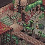  1girl artnature_it brown_hair building female_child highres lantern medium_hair moss ogino_chihiro outdoors pixel_art plant ponytail red_shorts sen_to_chihiro_no_kamikakushi shorts stairs studio_ghibli tile_floor tile_roof tiles two-tone_shirt 