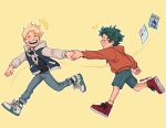  2boys aged_down all_might artist_name bakugou_katsuki black_shirt blonde_hair blush boku_no_hero_academia child closed_eyes commentary denim english_commentary freckles full_body green_hair habkart highres holding_hands hood hood_down hooded_jacket hoodie jacket jeans long_sleeves male_child male_focus midoriya_izuku multiple_boys open_clothes open_jacket open_mouth orange_hoodie pants red_footwear running shirt shoes short_hair shorts simple_background skull_print smile sneakers spiked_hair yellow_background 