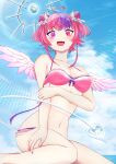  1girl absurdres ahoge angel angel_wings bikini blue_sky breasts cloud demon_tail fang flower hair_flower hair_ornament hairpin heart heart_ahoge heterochromia highres ironmouse ironmouse_(fallen_angel) large_breasts looking_at_viewer momomoto82 multicolored_hair nail_polish navel open_mouth pink_bikini pink_hair pink_nails purple_eyes purple_hair red_eyes short_hair sidelocks skin_fang sky smile streaked_hair swimsuit tail virtual_youtuber vshojo white_flower wings 