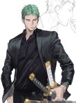  1boy absurdres black_jacket black_shirt chamuring doodle_inset earrings expressionless green_hair highres jacket jewelry long_sideburns looking_to_the_side male_focus one_piece one_piece_(live_action) roronoa_zoro sheath sheathed shirt short_hair sideburns single_earring solo suit 