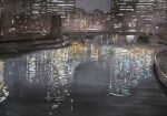  bridge building city city_lights night no_humans original painting_(medium) reflection reflective_water river road scenery shadow street tlctm7h8wdwnthx traditional_media water watercolor_(medium) 
