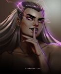  1girl arkenstellar artist_name bare_shoulders black_hair black_nails close-up collarbone finger_to_mouth looking_at_viewer mortal_kombat_(series) multicolored_hair parted_lips purple_lips sindel solo streaked_hair two-tone_hair white_eyes white_hair 