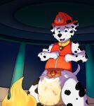  absurd_res baltnwolf_(artist) canid canine canis clothed clothing dalmatian diaper domestic_dog fire hi_res inside male mammal marshall_(paw_patrol) paw_patrol peeing solo wearing_diaper 
