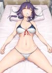  1girl ahoge bed bikini breasts cleavage closed_eyes commentary_request commission cowboy_shot front-tie_bikini_top front-tie_top hair_flaps hospital_bed kantai_collection kasu_(kasunohikari) large_breasts low_twintails lying mixed-language_commentary oxygen_mask pillow purple_hair skeb_commission solo spread_legs swimsuit taigei_(kancolle) tube twintails white_bikini 