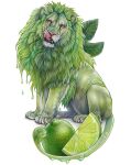  animal artist_name commentary dripping english_commentary food fruit leaf lime_(fruit) lime_slice lion looking_at_viewer no_humans original simple_background sushiartstudio tongue tongue_out watermark white_background 