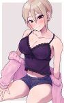  1girl black_shorts blush breasts camisole cardigan cleavage collarbone earrings eda31 grey_hair head_tilt highres idolmaster idolmaster_cinderella_girls jewelry large_breasts light_smile looking_at_viewer midriff navel pink_cardigan purple_camisole shiomi_syuko short_hair short_shorts shorts simple_background solo two-tone_background 
