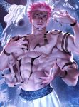  1boy abdominal_markings abs arm_markings artist_name biceps bone chest_markings extra_arms extra_eyes facial_mark finger_claws four_arms highres jujutsu_kaisen looking_at_viewer muscular muscular_male navel nipples obliques pants pectorals pink_hair red_eyes ryoumen_sukuna_(jujutsu_kaisen) skull topless white_pants 